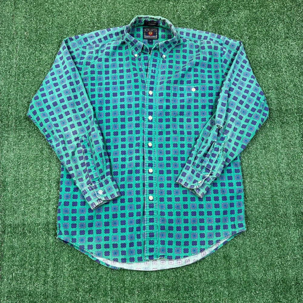 Vintage 90s Chaps Ralph Lauren‎ Button Down Shirt Medallion Print Green Mens M